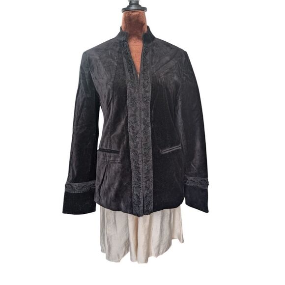 Tristan & Iseut Black Cotton Velvet Bead Crochet Embroidered Blazer Size m - Picture 4 of 16